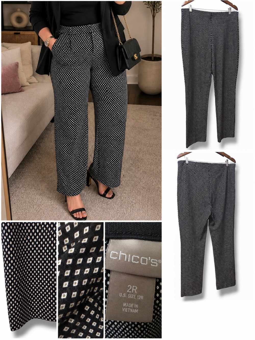 Chico's | NWOT Black & White Diamond-Print High Rise Straight Leg Pants (sz 12)